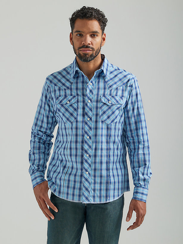 Men's Long Sleeve Fashion Western Snap Plaid Shirt in Navy Blue