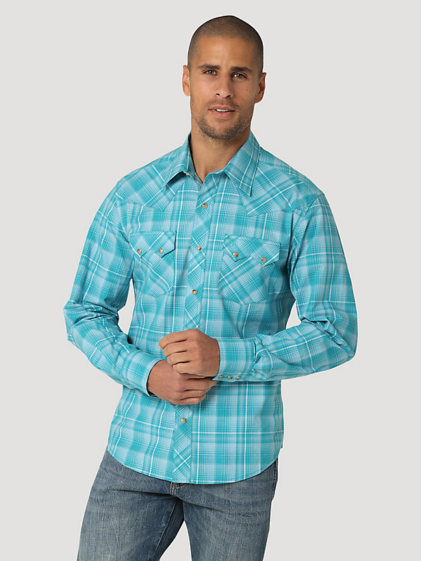 Men's Wrangler Retro® Long Sleeve Sawtooth Snap Pocket Western Shirt in Teal Blue