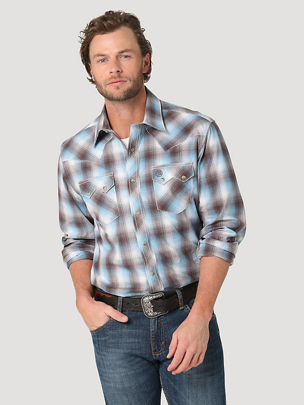 Men's Wrangler Retro® Long Sleeve Sawtooth Snap Pocket Western Shirt in Brown Blue