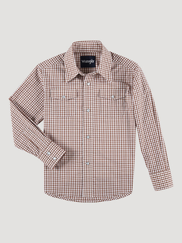 Boy's Long Sleeve Wrinkle Resist Western Snap Plaid Shirt in Warm Brown