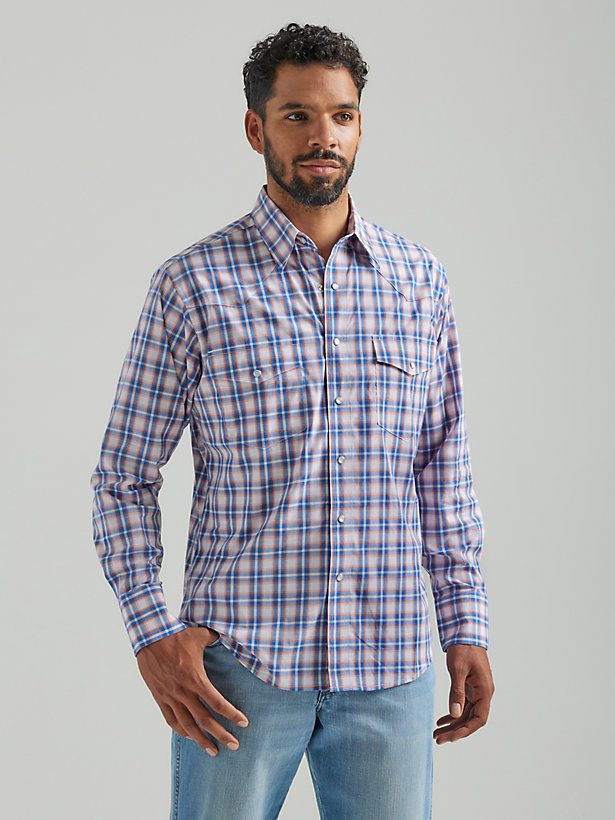Men's Wrinkle Resist Long Sleeve Western Snap Plaid Shirt in Blue Orange