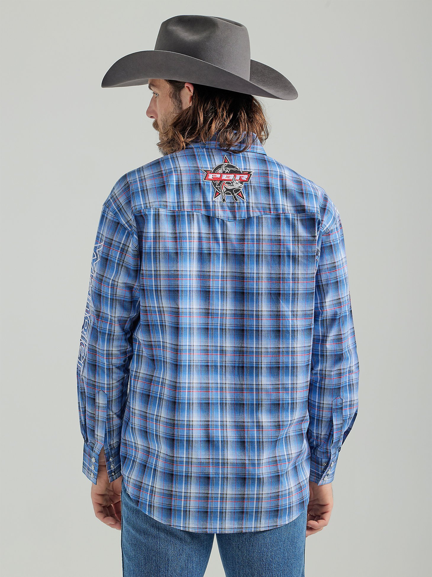Men's PBR® Logo Long Sleeve Plaid Western Snap Shirt in Navy Blue alternative view 1