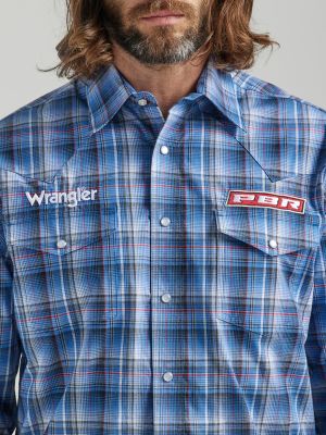 112324696 Wrangler Men's PBR Logo Long Sleeve Western Shirt - Blue Plaid