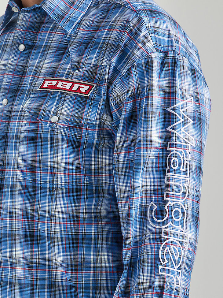 Men's PBR® Logo Long Sleeve Plaid Western Snap Shirt in Navy Blue alternative view 4