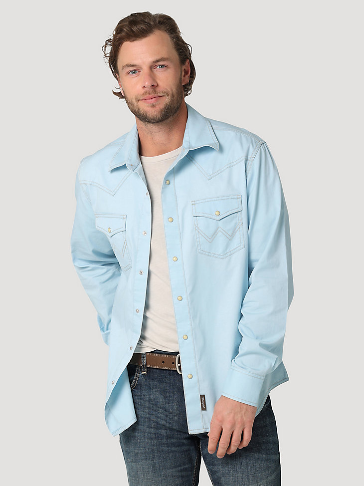 Men's Wrangler Retro Premium Contrast Trim Western Snap Flap Pocket Solid Shirt in Cool Blue alternative view