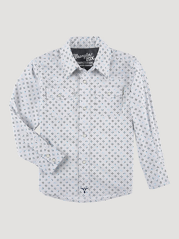 Boy's Wrangler® 20X® Advanced Comfort Western Snap Print Shirt in Blue Quatrefoil