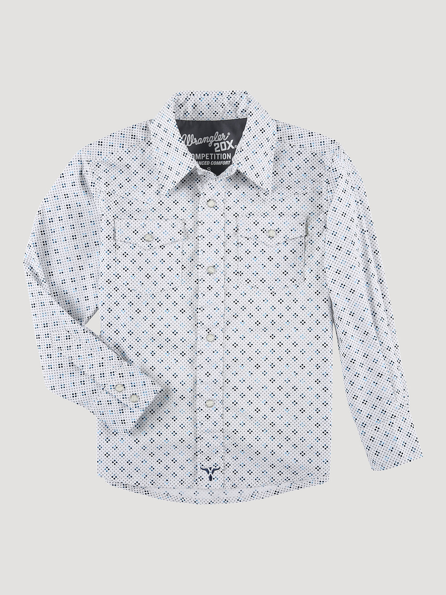 Boy's Wrangler® 20X® Advanced Comfort Western Snap Print Shirt in Blue Quatrefoil main view