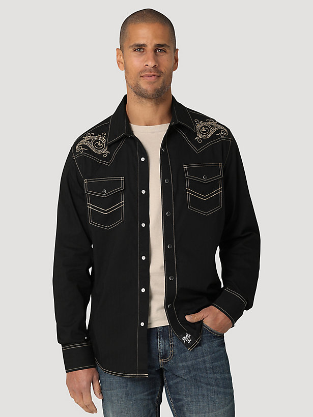 Men's Rock 47® by Wrangler® Long Sleeve Embroidered Yoke Western Snap Solid Shirt in Black Ember