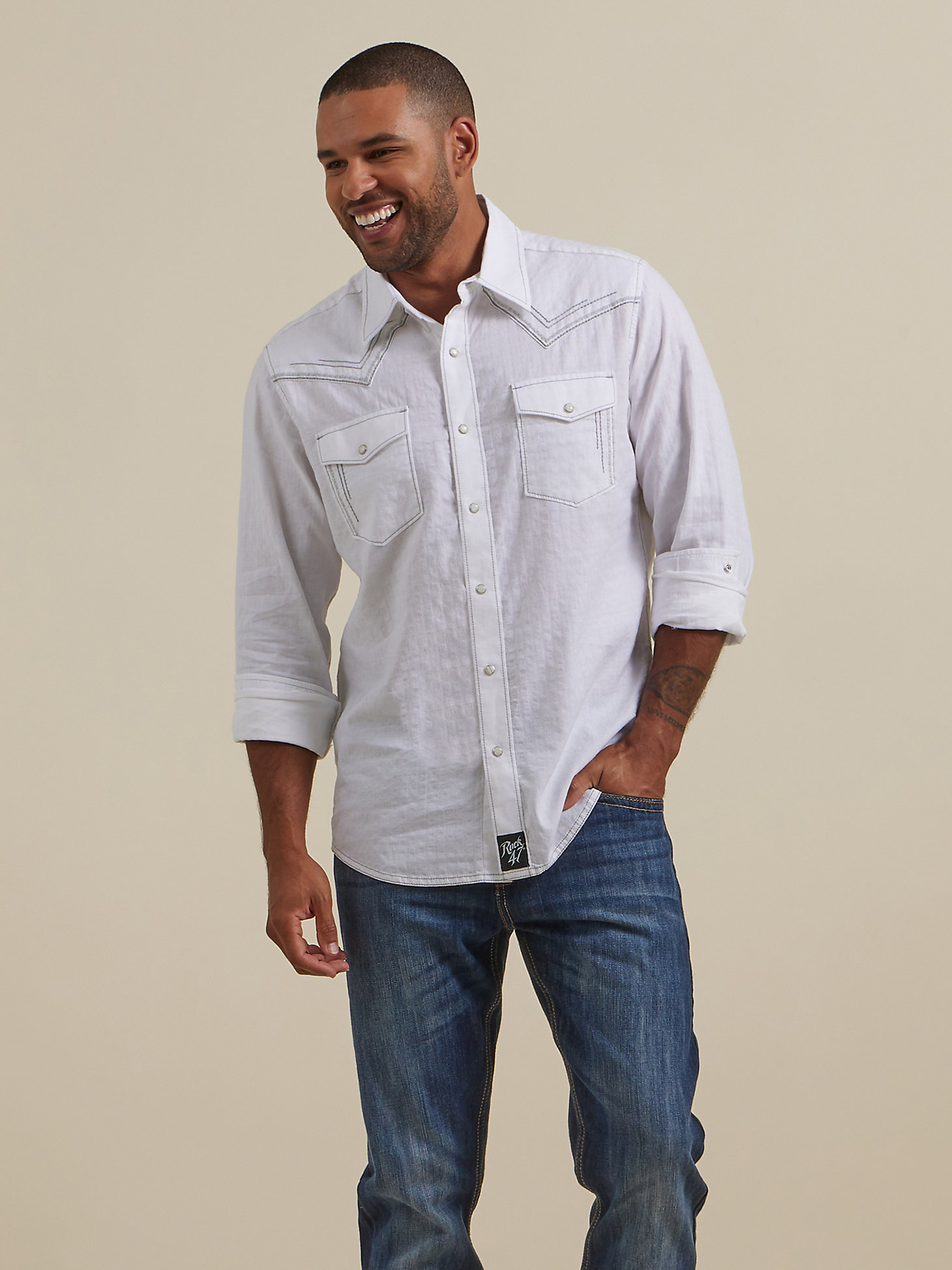 Men's Rock 47® by Wrangler® Long Sleeve Embroidered Yoke Western Snap Solid Shirt in White Ember main view