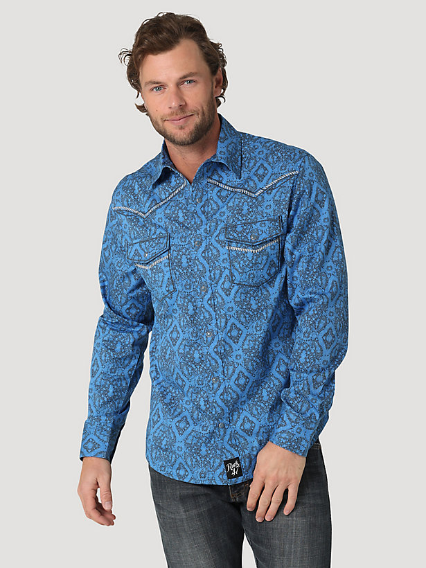 Men's Rock 47® by Wrangler® Long Sleeve Embroidered Yoke Western Snap Print Shirt