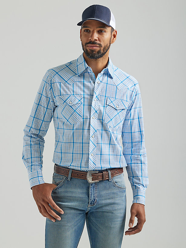 Men's 20X® Competition Advanced Comfort Long Sleeve Two Pocket Western Snap Plaid Shirt in Baby Blue