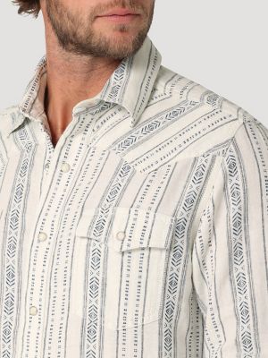 Wrangler Retro® Premium Long Sleeve Linen Western Snap Shirt in White Stripe