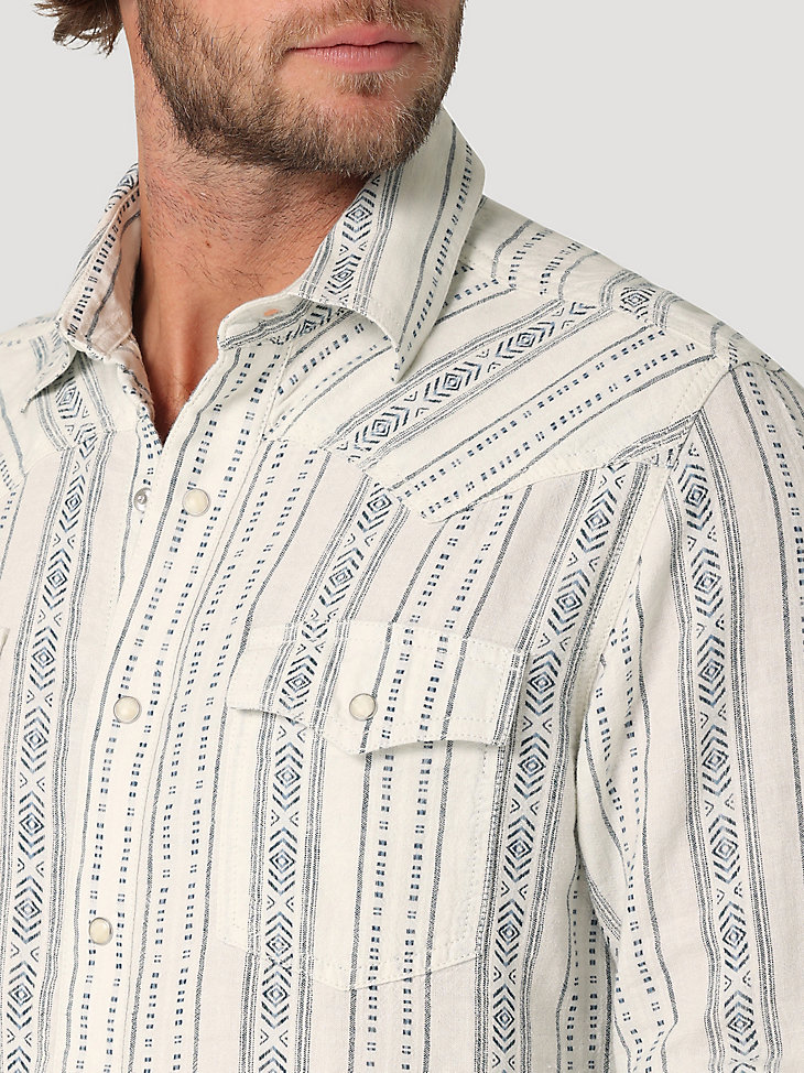 Wrangler Retro® Premium Long Sleeve Linen Western Snap Shirt in White Stripe alternative view 2
