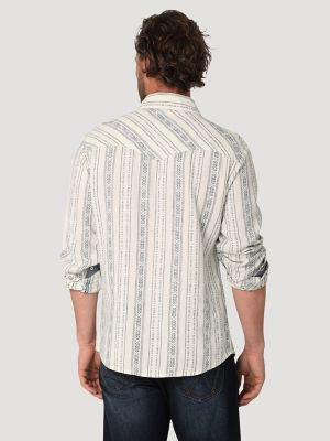 Wrangler Retro® Premium Long Sleeve Linen Western Snap Shirt in White Stripe