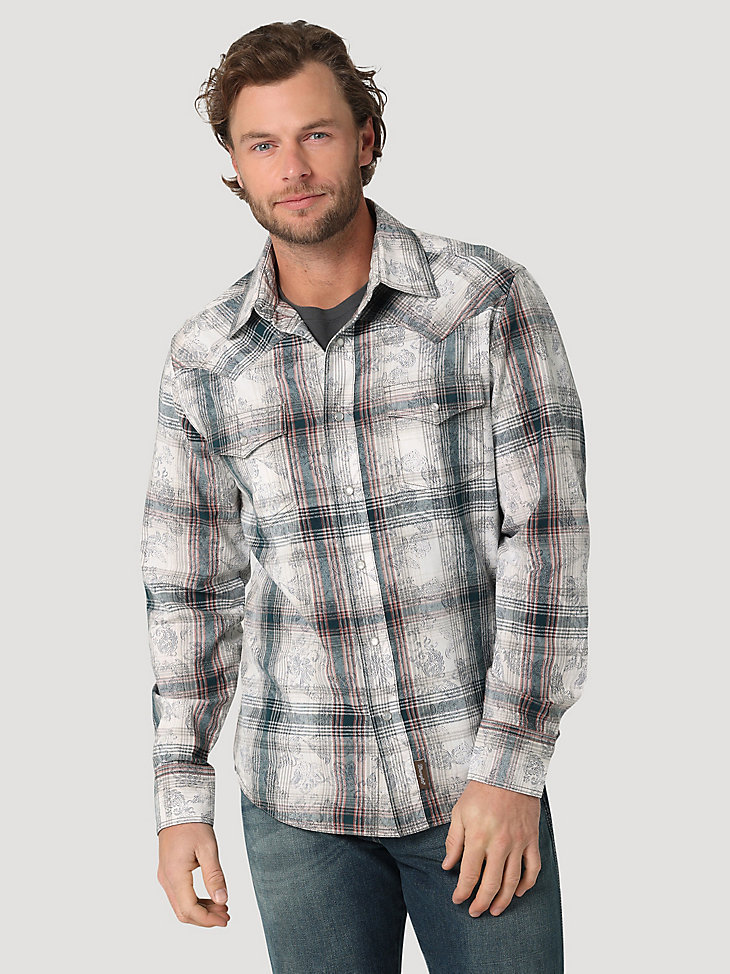 Men's Wrangler Retro® Premium Long Sleeve Western Snap Overprint Shirt in White Gray main view