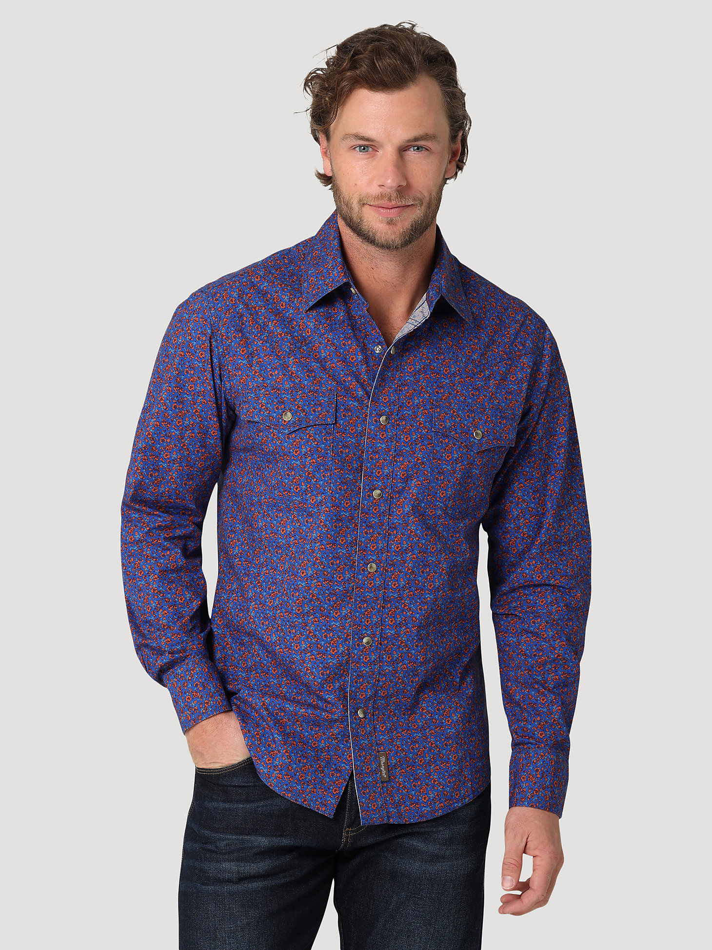 Men's Wrangler Retro® Premium Long Sleeve Western Snap Printed Shirt in Purple Blue main view