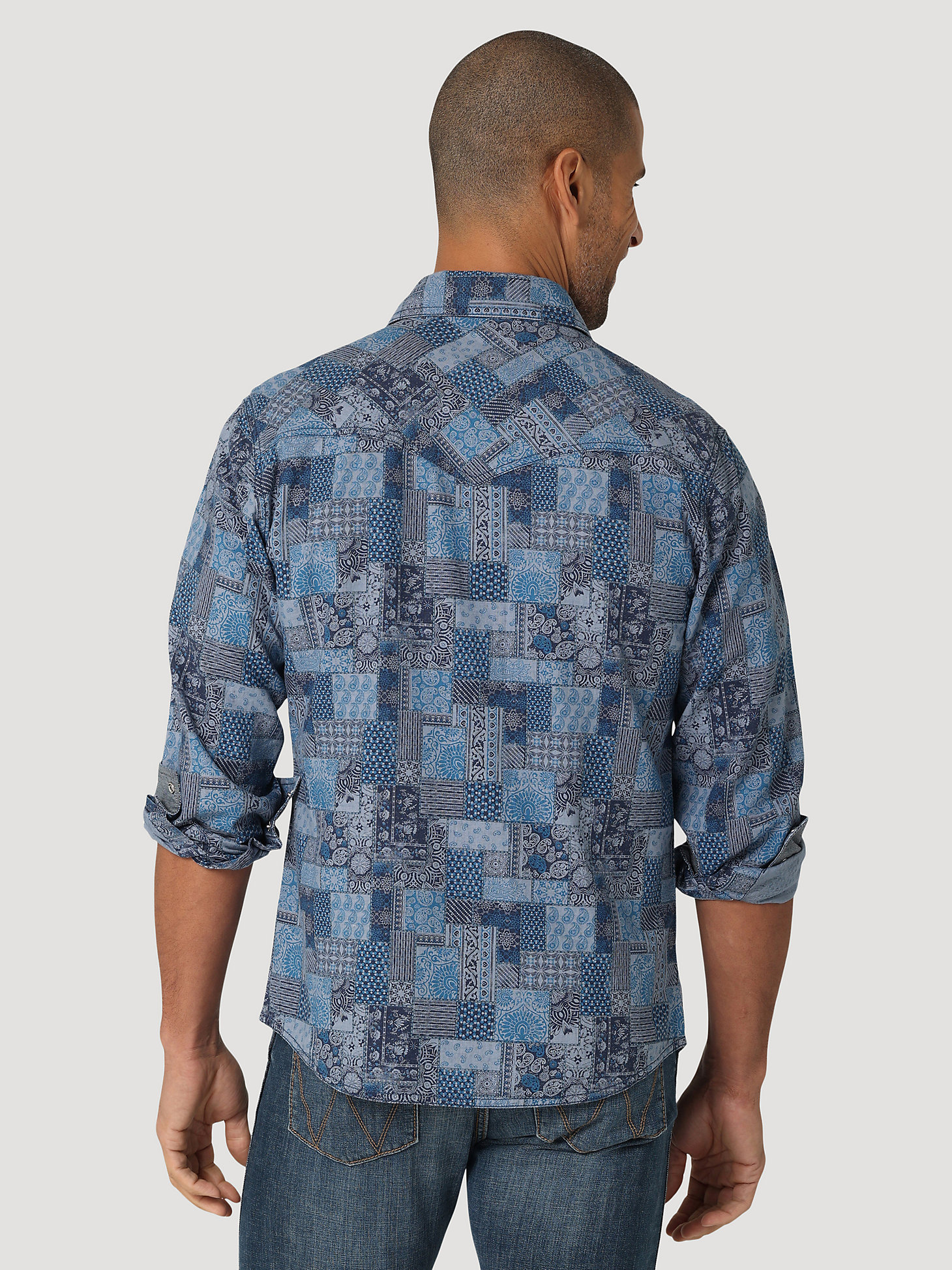 Wrangler Retro® Premium Patchwork Western Snap Shirt in Blue Patches alternative view 1