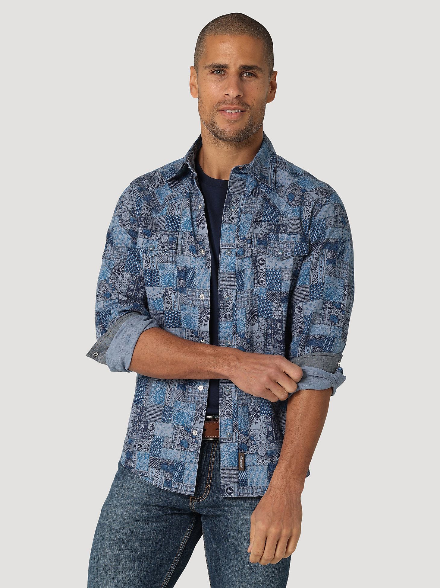 Wrangler Retro® Premium Patchwork Western Snap Shirt in Blue Patches main view