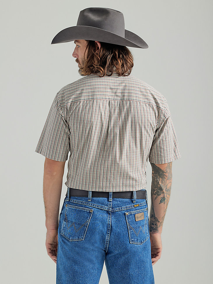 Men's George Strait® Short Sleeve 1 Pocket Button Down Plaid Shirt in Olive Red alternative view