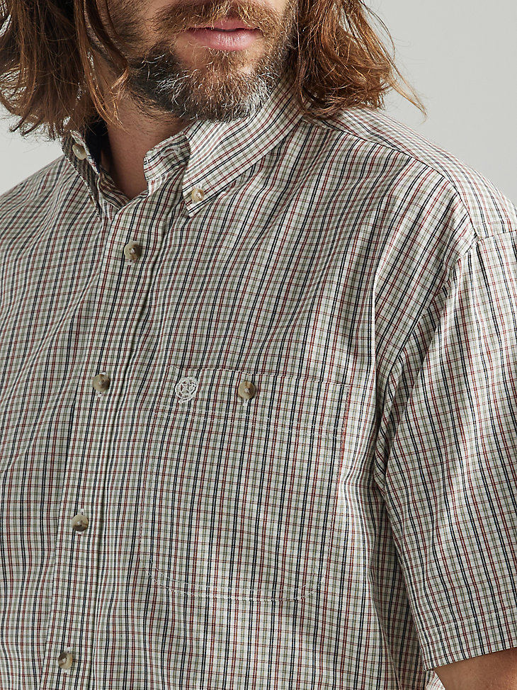 Men's George Strait® Short Sleeve 1 Pocket Button Down Plaid Shirt in Olive Red alternative view 2