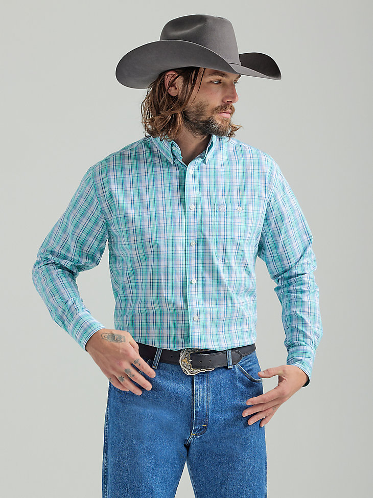 Men's George Strait® Long Sleeve Button Down One Pocket Plaid Shirt in Teal Floral main view