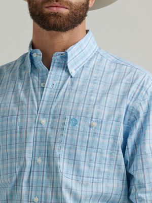 Men's George Strait® Long Sleeve Button Down Two Pocket Plaid Shirt in Baby  Blue