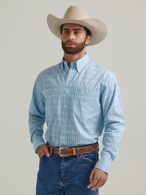 Men's George Strait® Long Sleeve Button Down Two Pocket Plaid Shirt in Baby  Blue
