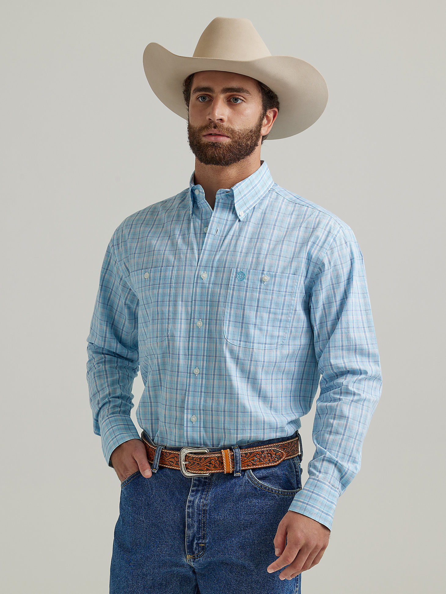Men's George Strait® Long Sleeve Button Down Two Pocket Plaid Shirt in Baby Blue main view