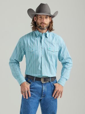Western Mens Long Sleeve Pearl Snap Shirt Blue