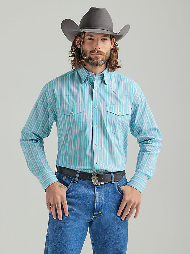 Men's George Strait® Troubadour Long Sleeve Western Snap Print Shirt in Teal Blue
