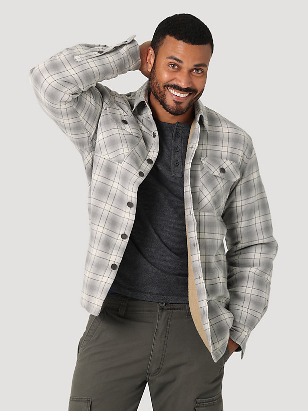 Men's Wrangler® Heavyweight Plaid Sherpa Lined Shirt Jacket in Vaporous Gray