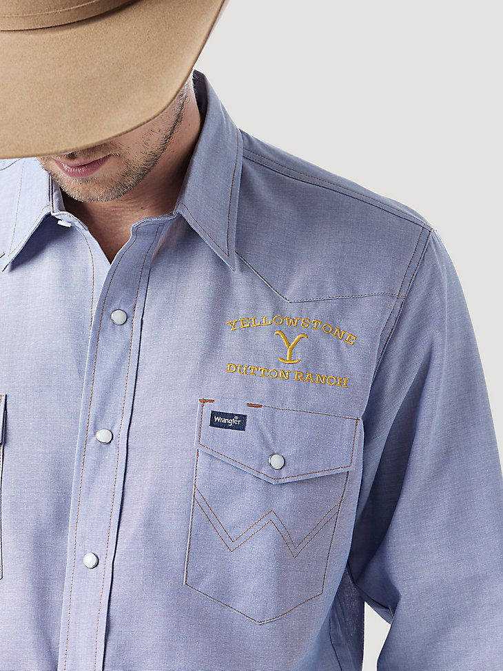 Wrangler x Yellowstone Collar Accent Chambray Snap Shirt in Chambray Blue alternative view