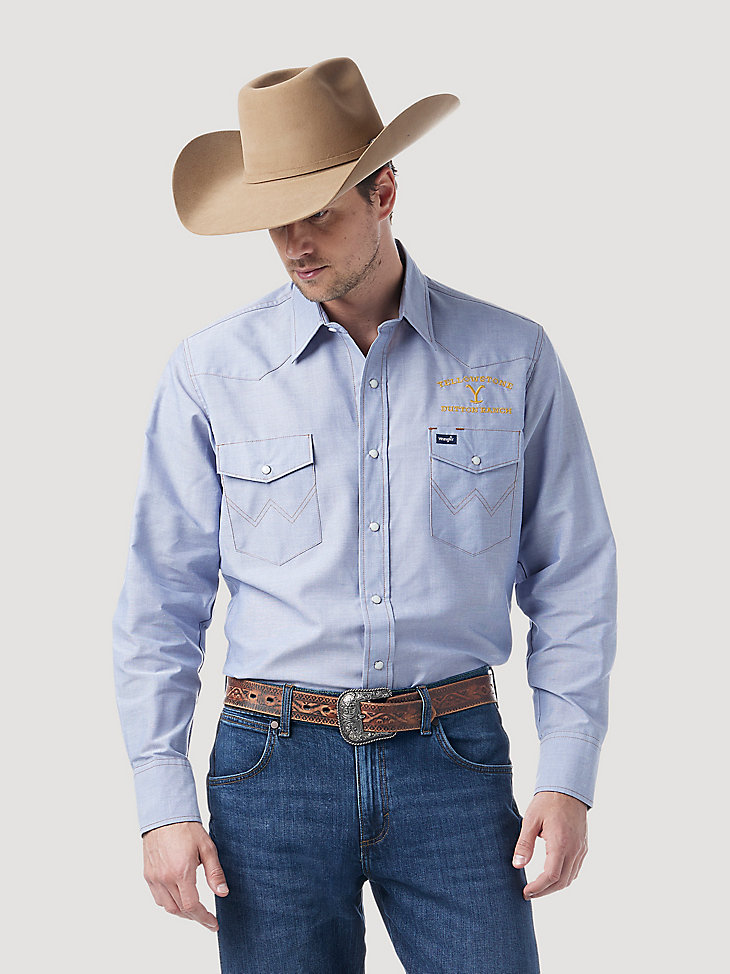 Wrangler x Yellowstone Collar Accent Chambray Snap Shirt in Chambray Blue main view