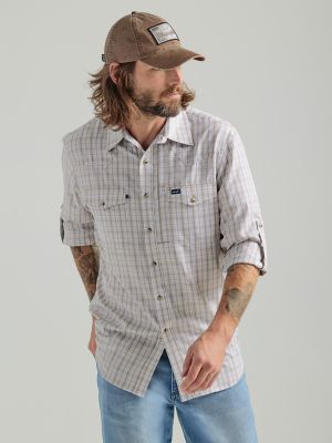 Men's Wrangler Performance Snap Long Sleeve Plaid Shirt in Tan Plaid