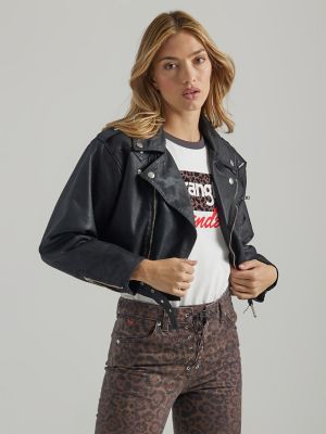 Womens Black Leather Biker Jacket With Back Print