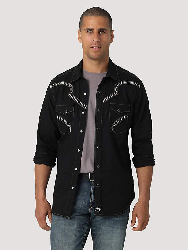 Men's Rock 47® by Wrangler® Long Sleeve Embroidered Yoke Western Snap Solid Shirt in Dark Knight