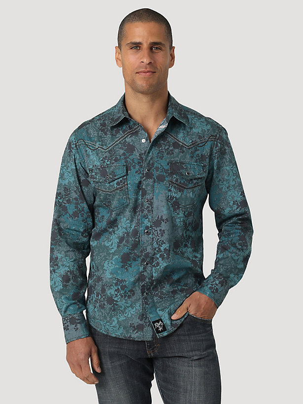Men's Rock 47® by Wrangler® Long Sleeve Embroidered Yoke Western Snap Print Shirt in Turquoise Floral
