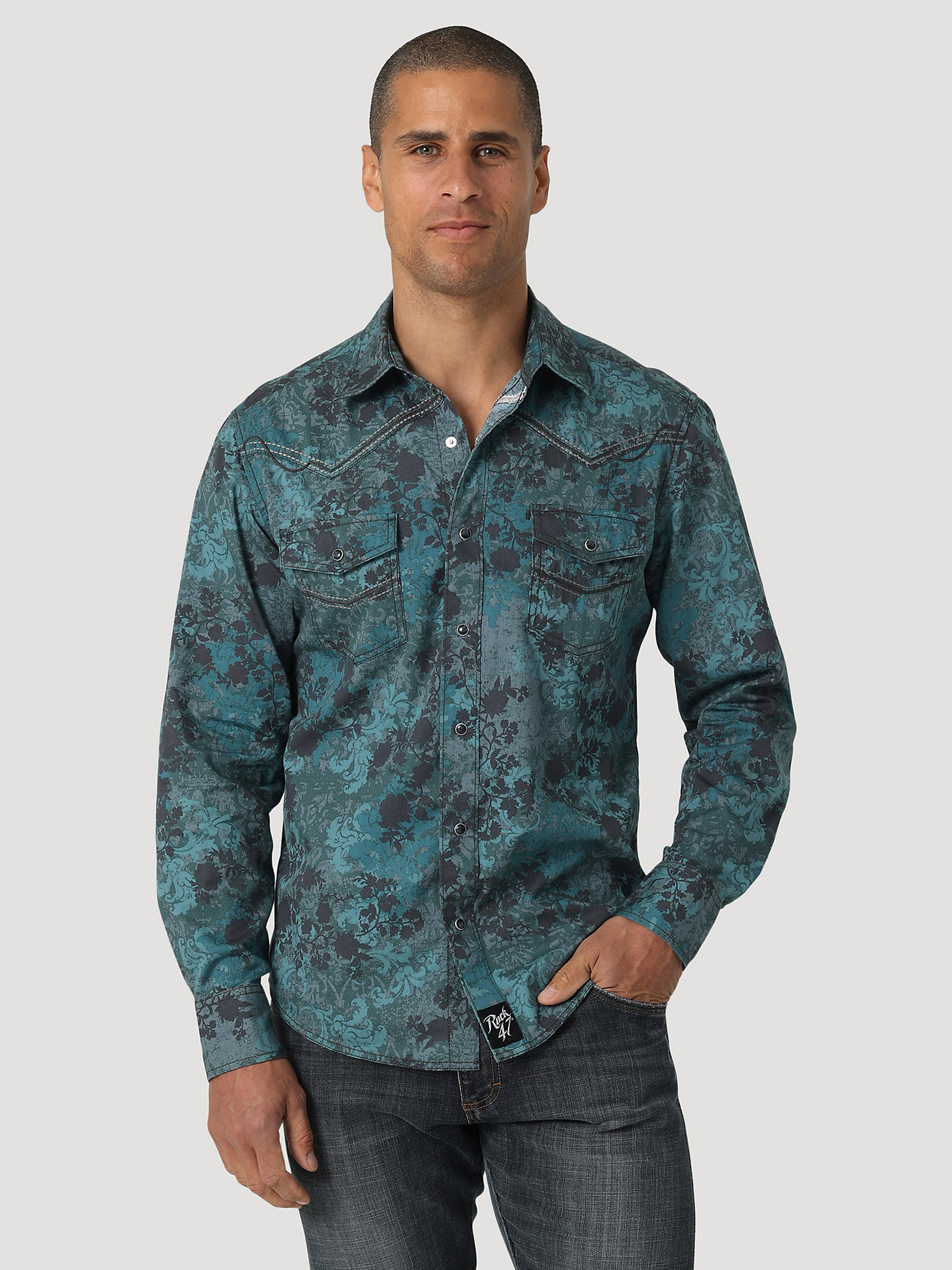 Men's Rock 47® by Wrangler® Long Sleeve Embroidered Yoke Western Snap Print  Shirt