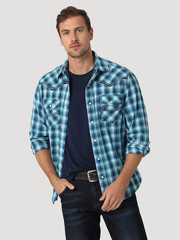 Men's Rock 47® by Wrangler® Decorative Stitching Plaid Western Snap Shirt