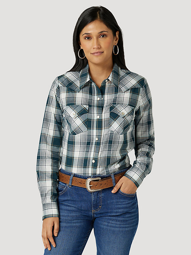 Women's Essential Long Sleeve Plaid Poplin Western Snap Shirt in Dark Teal