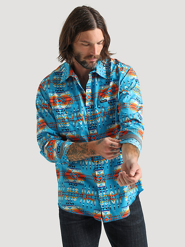 Wrangler x Pendleton Men's Plaid Inlay Work Shirt in Turquoise Print