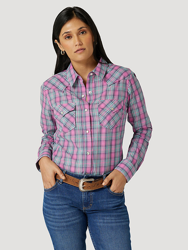 Women's Essential Long Sleeve Plaid Poplin Western Snap Shirt in Pink Blue