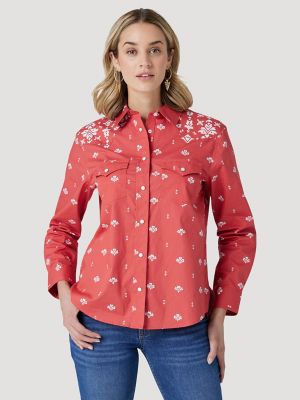 Mens Western Cowboy Shirt Retro Floral Red Black