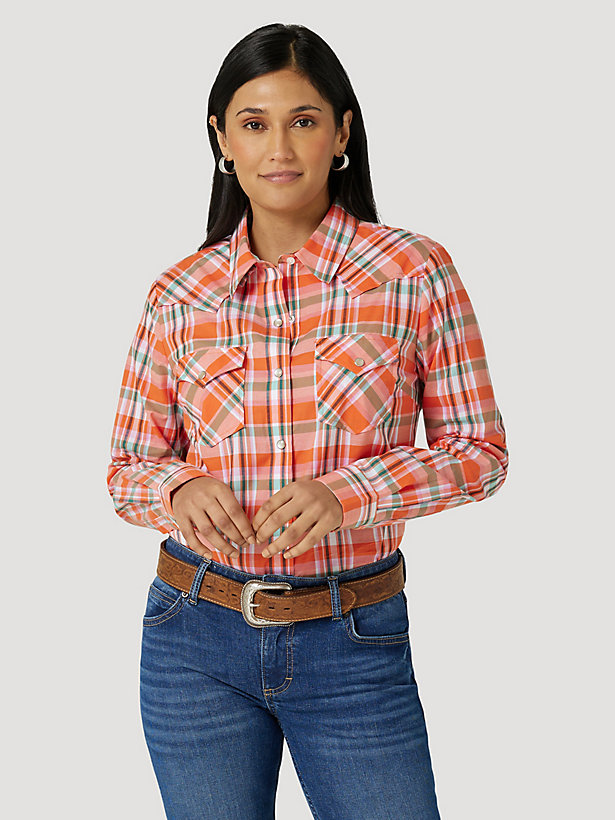 Women's Essential Long Sleeve Plaid Poplin Western Snap Shirt in Orange Plaid