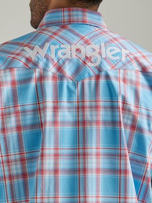 Men's Wrangler Logo Long Sleeve Western Snap Print Shirt in Turquoise White M