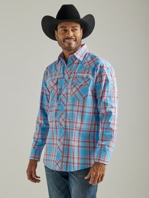 Wrangler Mens Long Sleeve Logo Western Snap Plaid Shirt Sunny Blue Size S