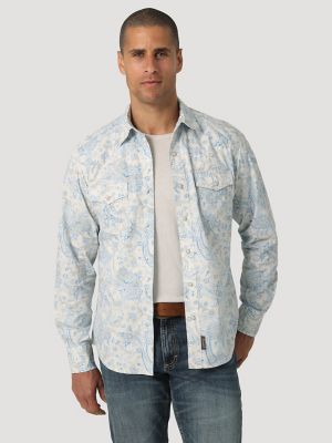 Wrangler Blue Patches Print Retro Premium Patchwork - Size Men's Snap Western Shirt 112324850 - Size M