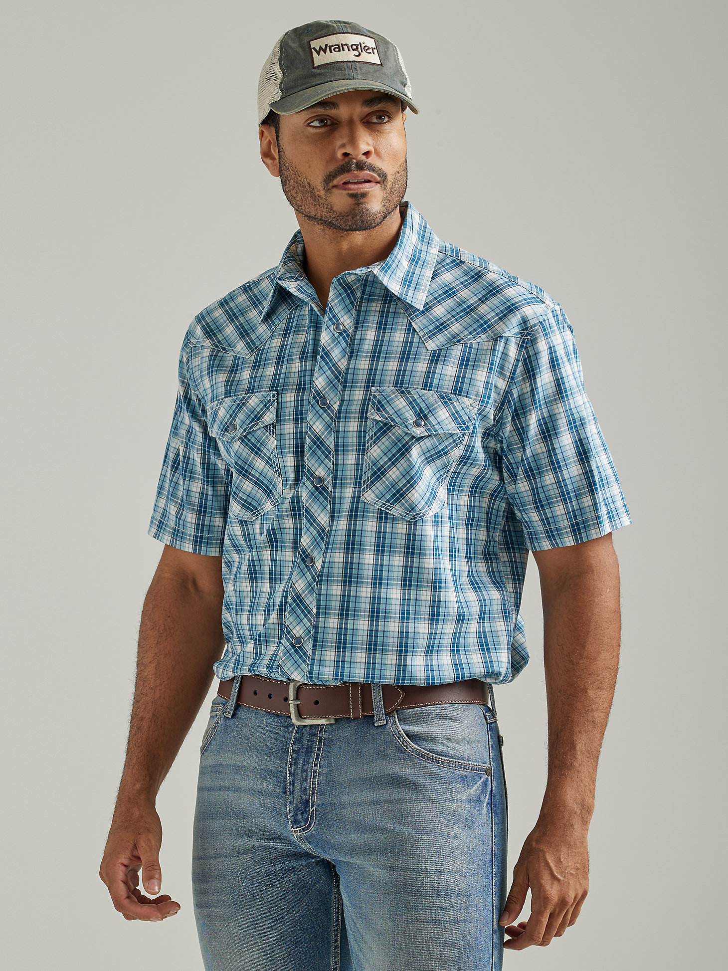 Men's Wrangler® 20X® Competition Advanced Comfort Short Sleeve Western Snap  Two Pocket Plaid Shirt