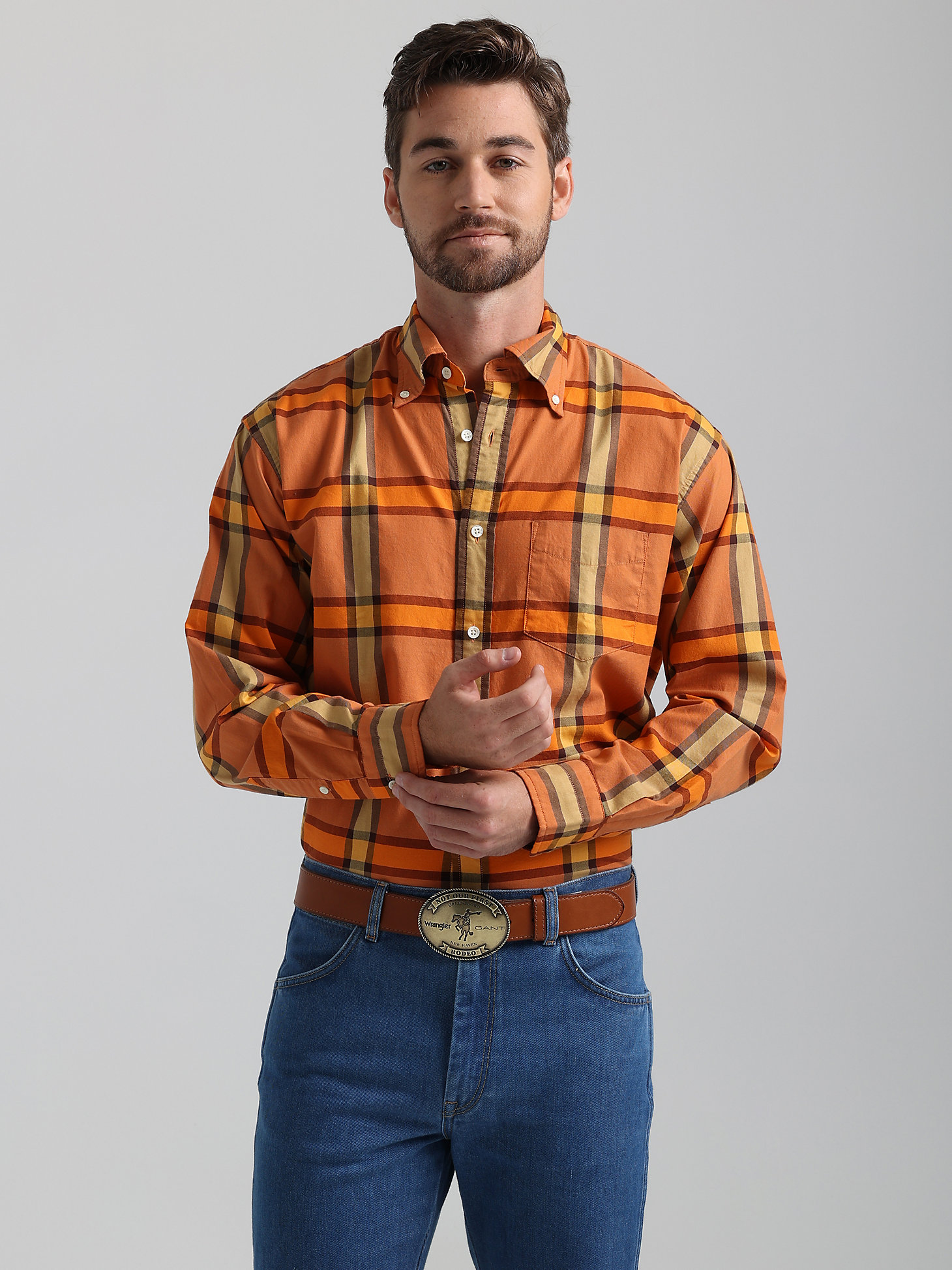 GANT Mens Plaid Oxford Shirt:Russet Orange:XS main view