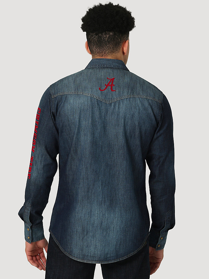 Men's Wrangler Collegiate Denim Western Snap Shirt in University of Alabama alternative view